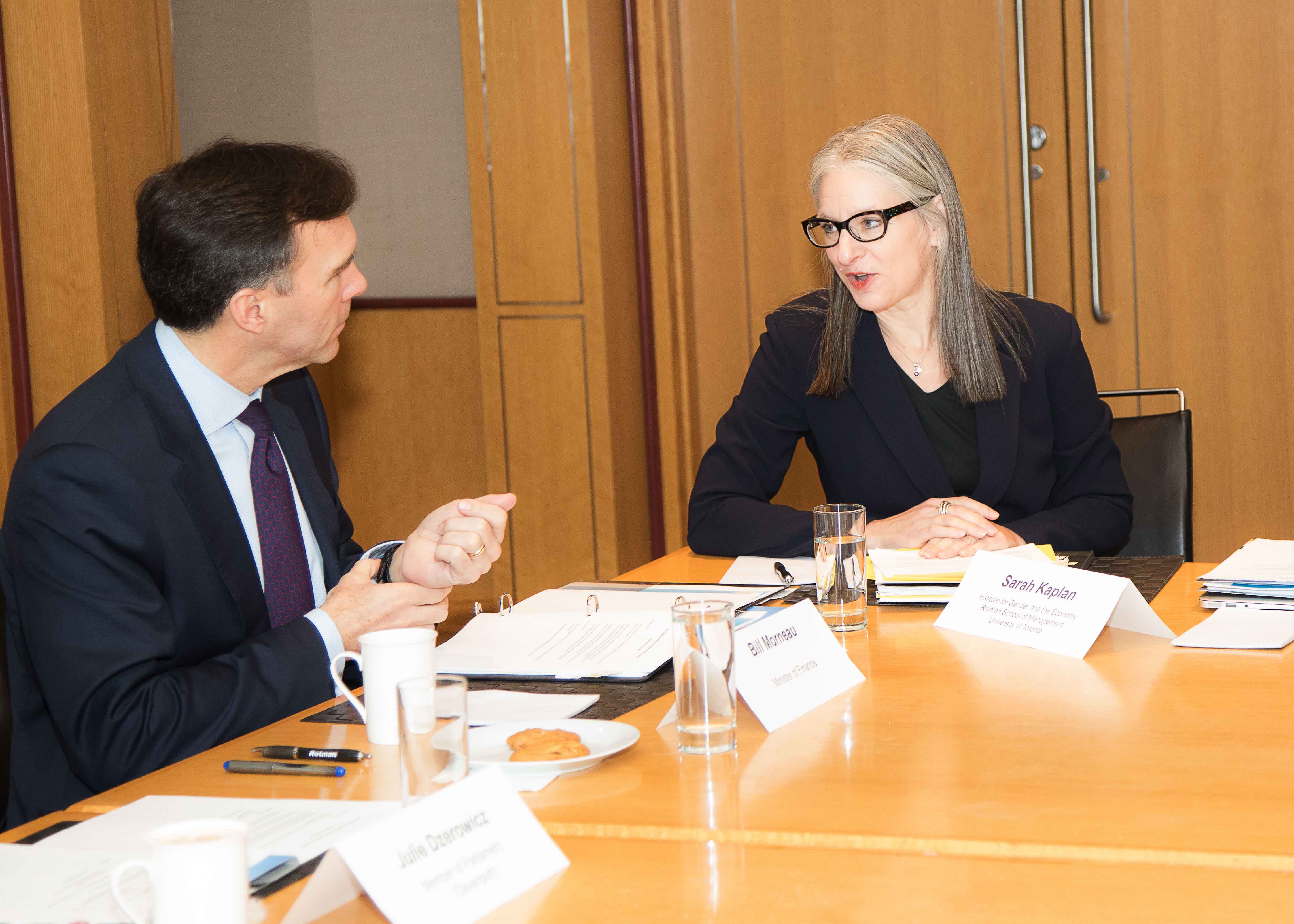 Minister Bill Morneau and Sarah Kaplan