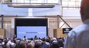 Audience members watch the "Journalism and the #Metoo moment" event