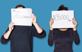 Man holding a sign which reads $70,000/yr and woman holding a sign reading $35,000/year