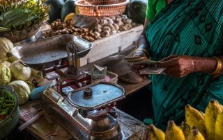 Woman counting money in a south asian market