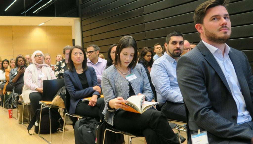 Audience members attend Sarah Kaplan event on “The 360° Corporation: From Stakeholder Trade-offs to Transformation”