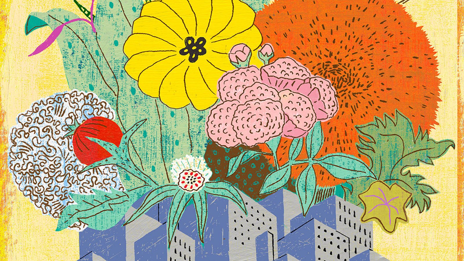 Illustration of florals overtop city buildings