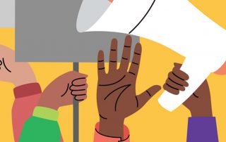 Illustration of hands holding signs and a megaphone