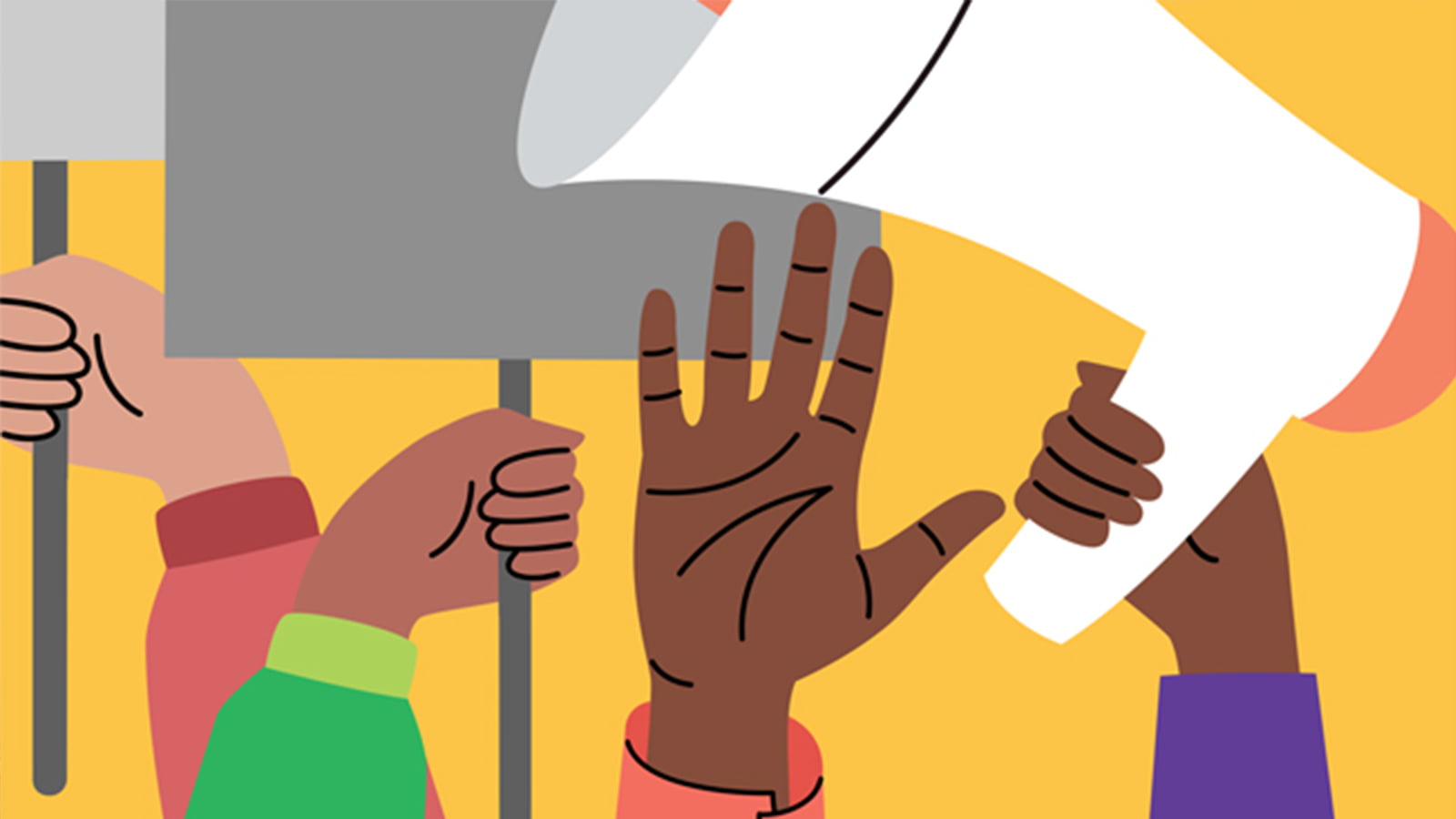 Illustration of hands holding signs and a megaphone