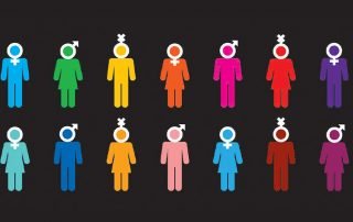 series of people icons in various colours with various gender icons assigned to their head