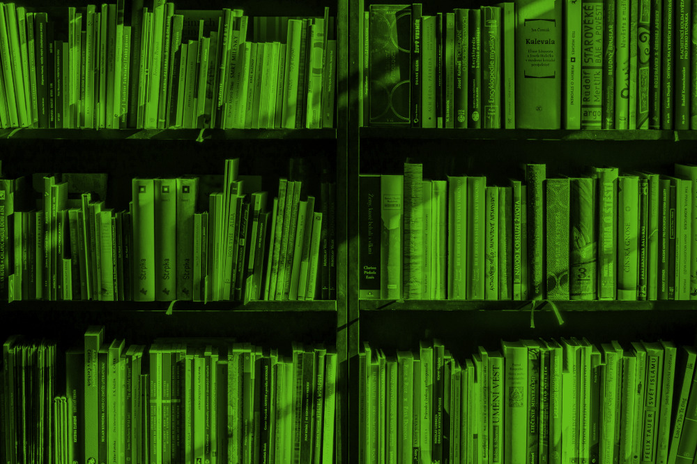 A photo of a library shelf filled with books